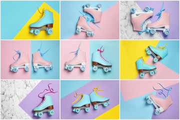 Set with stylish quad roller skates on color background, top view