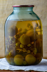 Bank of canned fruit compote on the shelf