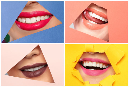 Sensual women with different color lipsticks, closeup. Makeup set