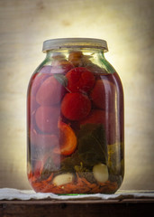 Bank of canned fruit compote on the shelf