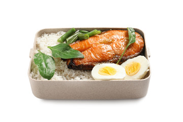Container with natural protein food on white background