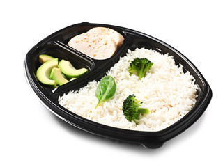 Container with natural protein food on white background