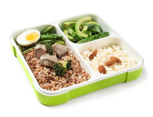 Container with natural protein food on white background