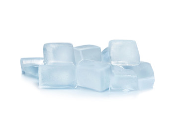 Ice cubes on white background. Frozen liquid