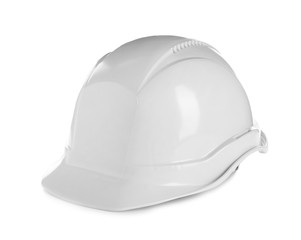 Protective hard hat on white background. Safety equipment