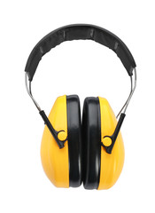 Protective headphones on white background. Safety equipment