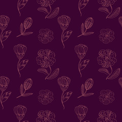 Seamless pattern abstract line flower and blossom. Hand drawn ornament vintage plant.