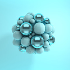 3d rendering of floating polished blue and metal spheres on blue background. Abstract geometric composition. Group of balls in pastel colors with soft shadows