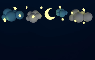 White and blue clouds and the lighting stars with moon on the dark blue night sky background. Night wallpaper. 3d render