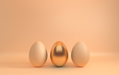 Pastel beige and golden easter eggs on beige background. 3d render, digitally generated template. Happy Easter big hunt or sale banner