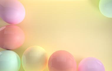 3d render illustration of realistic glossy pink, yellow, purple balloons on pastel yellow background. Empty space for birthday, party, promotion social media banners, posters.