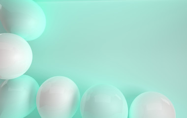 3d render illustration of realistic glossy turquoise and white balloons on pastel background. Empty space for birthday, party, promotion social media banners, posters.
