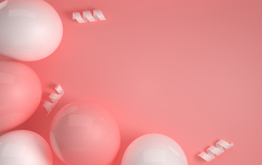 3d render illustration of realistic glossy pink and white balloons, ribbon confetti on pastel background. Empty space for birthday, party, promotion social media banners, posters.