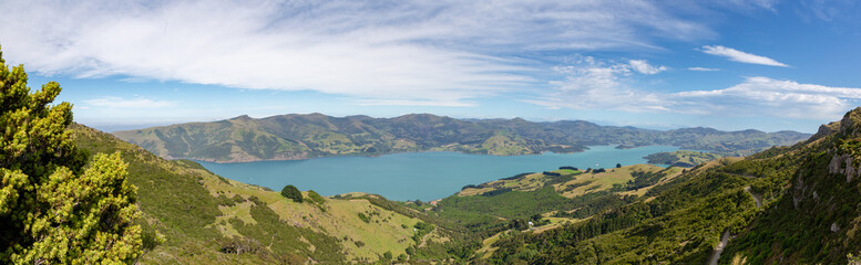The view over the bays around Akaroa from the Misty Peaks Scenic Reserve, Banks Peninsula, New Zealand
