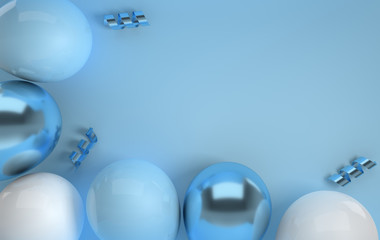 3d render illustration of realistic glossy blue and white balloons, ribbon confetti on pastel background. Empty space for birthday, party, promotion social media banners, posters.