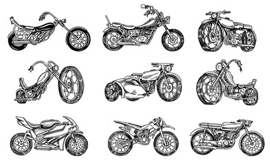 Set of Vintage motorcycles. Collection of bicycles. Extreme Biker Transport. Retro Old Style. Hand drawn Engraved Monochrome Sketch.