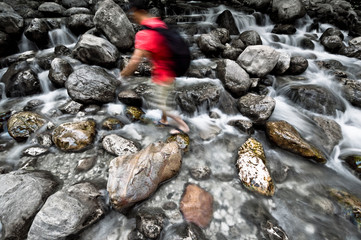Man is Walking on Mountain Stream