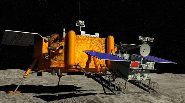 Yutu 2 Lunar rover descendant of the China`s Chang e 4 lunar probe landed on the surface of the moon on January 3, 2019 with the sun in the background. 3D illustration