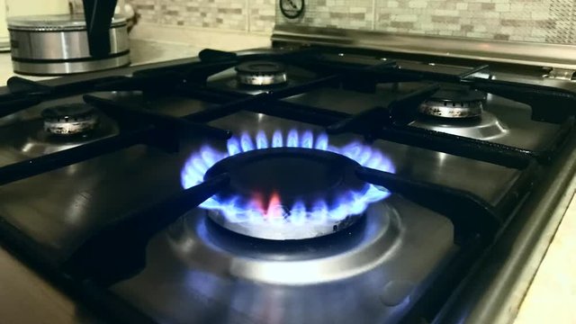 Plotagraph - Gas stove with blue flame in the kitchen