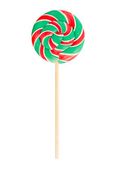 Colorful spiral lollipop isolated on white background. Red green Candy