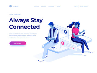 Virtual relationships, online dating and social networking concept - teenagers chatting on the Internet. Vector 3d isometric illustration. Landing page concept