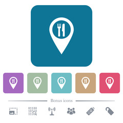 Restaurant GPS map location flat icons on color rounded square backgrounds