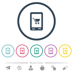 Mobile shopping flat color icons in round outlines