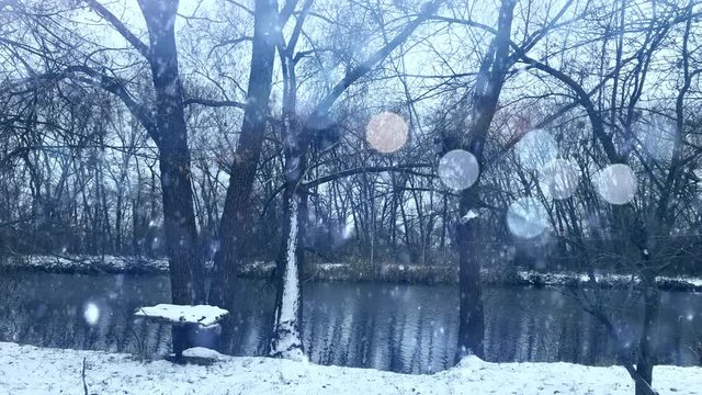 Plotagraph - winter lake with falling snow and spakling lights