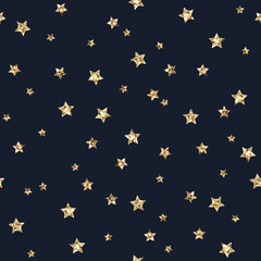 Gold Glitter Stars Seamless Pattern - Scattered gold glitter stars on faded navy blue background seamless pattern