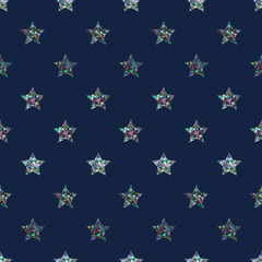 Multicolor Glitter Stars Seamless Pattern - Rows of multicolor glitter stars on deep blue background seamless pattern