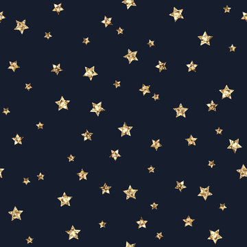 Gold Glitter Stars Seamless Pattern - Scattered Gold Glitter Stars On Faded Navy Blue Background Seamless Pattern