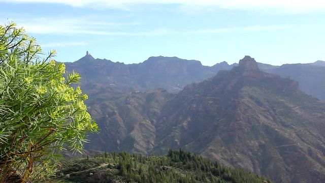Great views of La Cilla viewpoint in Artenara town, Gran Canaria. Roque Nublo and Bentayga mountain peaks in Canary Islands, Spain