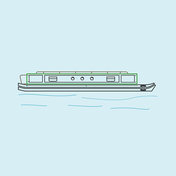 recommend clip art: Editable Side View Narrow Boat Vector Illustration With Water Waves in Outline Style for Artwork Element of Transportation or Recreation of United Kingdom or Europe Related Design