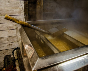 Sap boiling in maple syrup evaporator