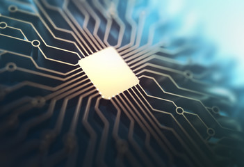 Microchip with gold connections in depth of field. Concept of technology, electronic printed...