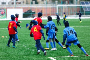 Boys  in red and blue sportswear plays soccer on green grass field. Youth football game. Children sport competition, kids plays outdoor, winter activities, training