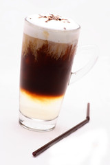 Black coffee, cappuccino, baked milk In a clear glass on a white background