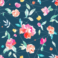 Fototapeta na wymiar Cute, Bright, Colorful Watercolor Flower Background Pattern. Girly Spring Floral Wallpaper Patterns