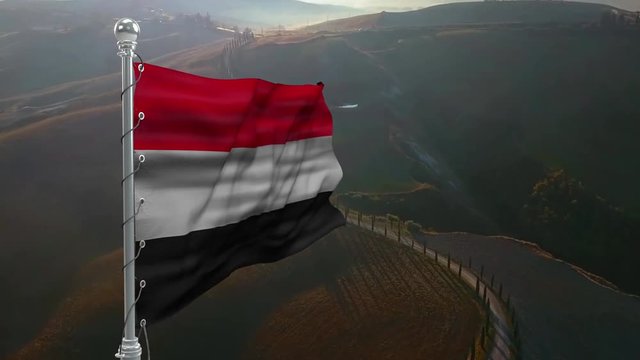 Symbol of Yemen - Flag on the background of beautiful nature. Road.