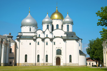 Fototapeta na wymiar Saint Sophia Cathedral close up on a sunny July day. Veliky Novgorod, Russia
