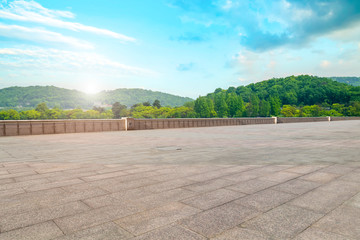 Empty Plaza Floor Bricks and Beautiful Natural Landscape..