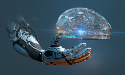 Obraz na płótnie Canvas Cybernetic artificial robot brain AI futuristic conceptual design, 3d render