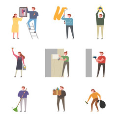 Home interior work people concept illustration. flat design vector graphic style.
