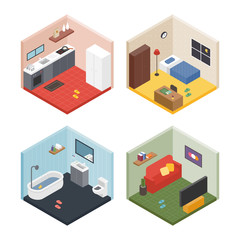 Isometric view room interior concept illustration. flat design vector graphic style.