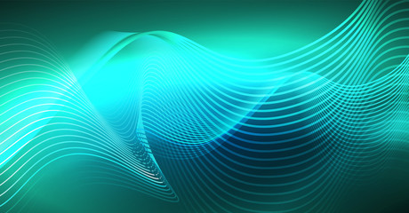 Glowing abstract wave on dark, shiny motion, Christmas and New Year magic space light. Techno abstract background