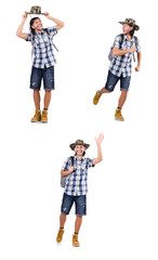Fototapeta premium Young traveller with backpack isolated on white