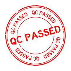 Grunge red QC passed word round rubber seal stamp on white background