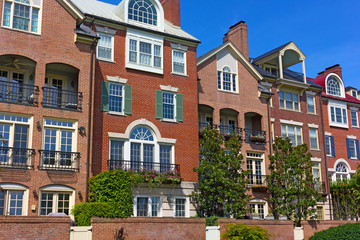 Modern townhouses at Old Town Alexandria waterfront in Virginia, USA. Highly sought after residential development in Alexandria neighborhood.