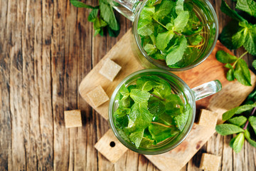 Mint tea on wooden background