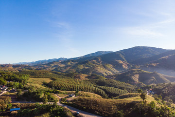 Naklejka premium Drone shot aerial view landscape of mountain and nature against blue sky